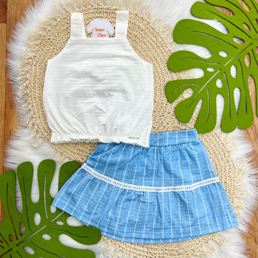 Conj. Regata Anabola e Short Saia Rendinha - Azul e Off White